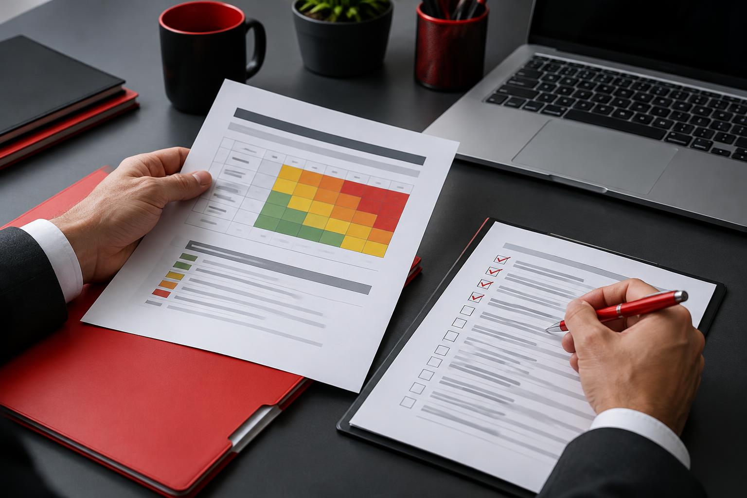 Allgemeines Illustrationsmotiv: Hände prüfen eine Risikomatrix und eine Checkliste am Laptop
