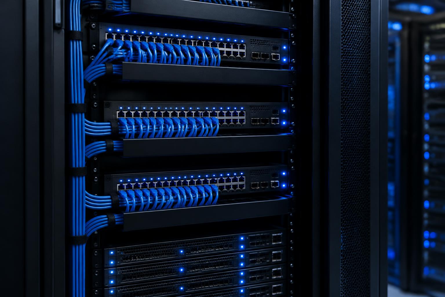Allgemeines Illustrationsmotiv: Netzwerkgeräte mit geordneten blauen Kabeln in einem Serverschrank