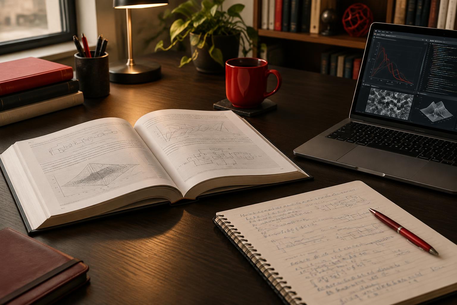 Allgemeines Illustrationsmotiv: Fachbuch, handschriftliche Notizen und Laptop an einem Arbeitsplatz